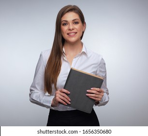 Confident Young Business Woman Teacher Holding Book. Isolated Female Studio Portrait Girl In White Shirt.