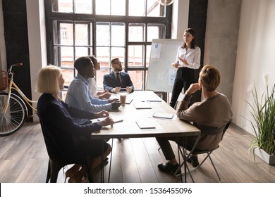 Confident Young Businesswoman Manager Coach Mentor Give Whiteboard Presentation At Business Meeting Training, Female Boss Leader Consulting Diverse Employees Clients During Marketing Workshop Concept