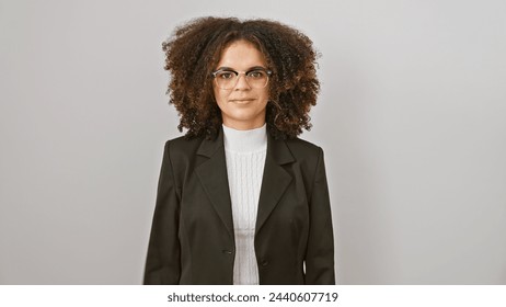 Confident young hispanic businesswoman with curly hair wearing glasses and a blazer poses against a white background. - Powered by Shutterstock