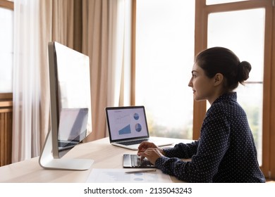 Confident young Indian woman remote working specialist sit at office desk analyze market segments using statistic data graphs diagrams on pc. Female seo make website audit using professional software - Powered by Shutterstock