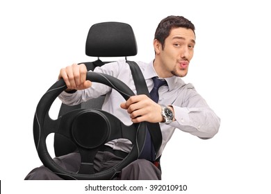 Confident Young Man Driving And Whistling With His Mouth Isolated On White Background