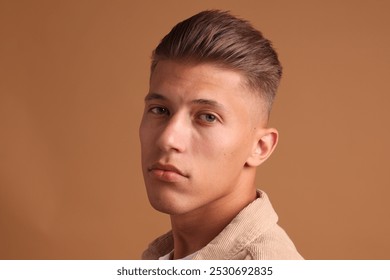 Confident young man with stylish haircut on brown background - Powered by Shutterstock