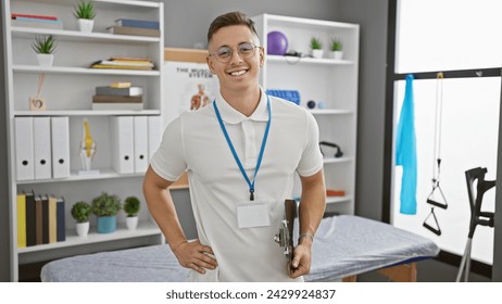 A confident young man wearing glasses and a polo shirt, with a lanyard and clipboard, smiles in a well-lit rehabilitation clinic. - Powered by Shutterstock