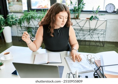 A confident young professional reviews documents while sipping coffee in a vibrant office filled with plants. - Powered by Shutterstock