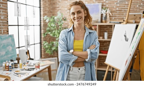 Confident young woman artist posing with crossed arms in a sunlit studio full of paintings and art supplies. - Powered by Shutterstock