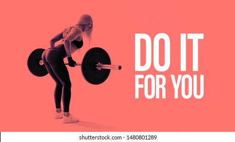Confident Young Woman Doing Weight Lifting Workout At Gym Turning Back Attractive Young Woman Bodybuilder Lifting Barbells Looking Focused Horizontal Black And White Concept Photo. 