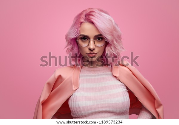 Confident Young Woman Pink Short Hairstyle Stock Photo Edit Now