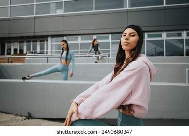 A confident young woman wearing a pink hoodie is stretching on urban wall before starting her fitness routine. - Powered by Shutterstock