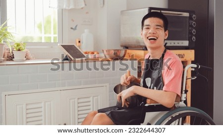 Confidente teenage boy with joy face in cooking class moment in home or school or nursing home,caring for love and positive energy,concept of coexistence and respect for differences,happy with myself.