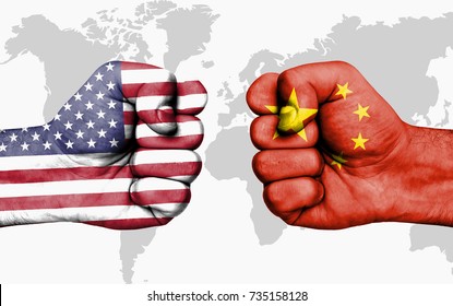 Conflict between USA and China, male fists - governments conflict concept