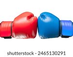 Conflict concept. Two hands in red and blue boxing gloves hitting each other on white background.