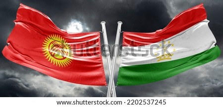Conflict Kyrgyzstan and Tajikistan, war between Kyrgyzstan vs Tajikistan, fabric national flag Kyrgyzstan and Flag Tajikistan, war crisis concept. 3D work