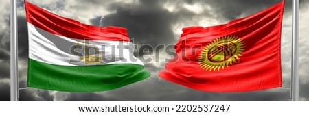 Conflict Kyrgyzstan and Tajikistan, war between Kyrgyzstan vs Tajikistan, fabric national flag Kyrgyzstan and Flag Tajikistan, war crisis concept. 3D work