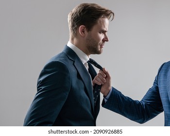 Conflict At Work. Employee Being Pulled By Necktie. Physical Conflict. Workplace Aggression