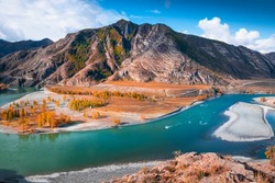 Confluence Of Chuya And Katun Rivers In Altai Mountains, Siberia, Russia. Beautiful Autumn Landscape. Famous Tourist Landmark