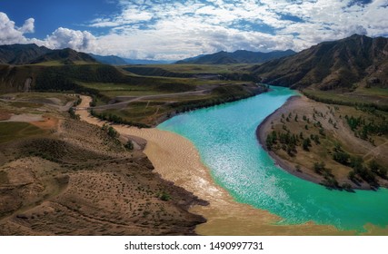 The Confluence Of Two Rivers, Katun And Chuya, The Famous Tourist Spot In The Altai Mountains, Siberia, Russia, Aerial Shot.