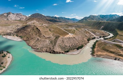 The Confluence Of Two Rivers, Katun And Chuya, The Famous Tourist Spot In The Altai Mountains, Siberia, Russia, Aerial Drone Shot.