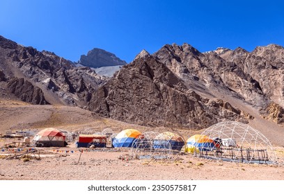 Confluencia Tent Domes and Camping Area, Mount Aconcagua Provincial Park, Mendoza Argentina. Horcones Basecamp Climbing Route Expedition, Scenic Andes Mountains Landscape