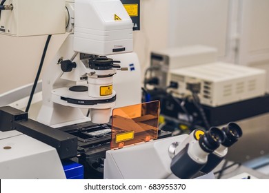 Confocal microscope in a scientific laboratory. Study of biological samples