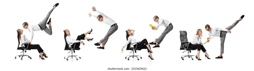 Confrontation Or Independence. Expressive And Flexible Office Workers In Casual And Business Clothes In Motion, Action Isolated On White Background. Ballet Dancers. Creative Collage.