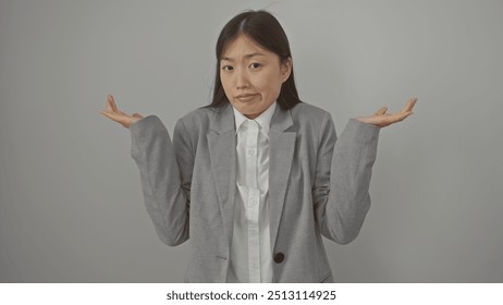 Confused asian businesswoman in a grey suit shrugging with hands up against a white background. - Powered by Shutterstock