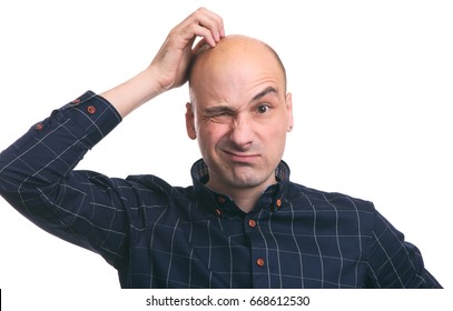 Confused Bald Guy Scratch His Head. Isolated On White