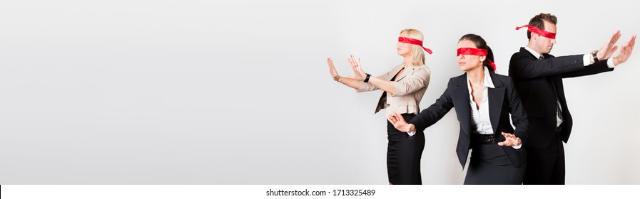 Confused Blindfold Group Of People. Blind Man And Women Lost In Business Concept