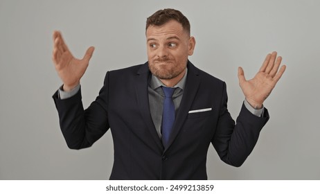 Confused businessman shrugging in suit isolated on white background - Powered by Shutterstock