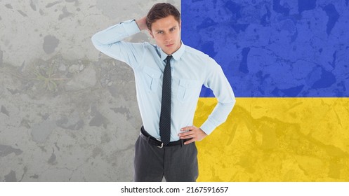 Confused caucasian businessman against ukraine flag design background. ukraine crisis, invasion and international relations concept - Powered by Shutterstock