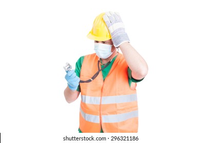 Confused Doctor Or Medic Wearing Builder Clothes As Vest And Helmet