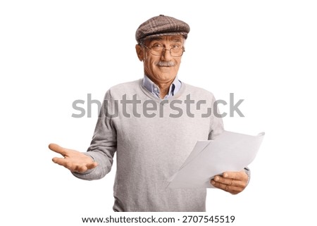 Confused elderly man holding a document isolated on white background