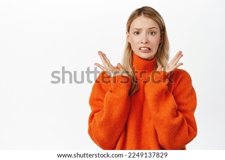 Similar – Image, Stock Photo Cute blonde woman, natural beauty. Young teenager girl on blue, charming smile