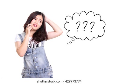 Confused expression of a girl talking with mobile phone, scratching her head in frustration, illustrated with comic cloud