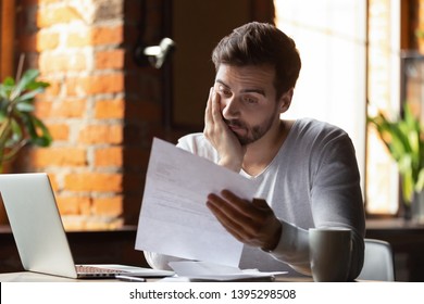 Confused frustrated young man reading letter in cafe, debt notification, bad financial report, money problem, money problem, upset student receiving bad news, unsuccessful exam or test results