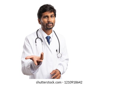 Confused Indian Male Doctor Making Asking Question Gesture With Hand Isolated On White Studio Background