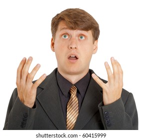 Confused Man With Green Eyes On White Background