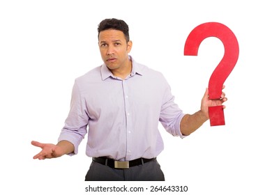 Confused Man Holding Question Mark On White Background