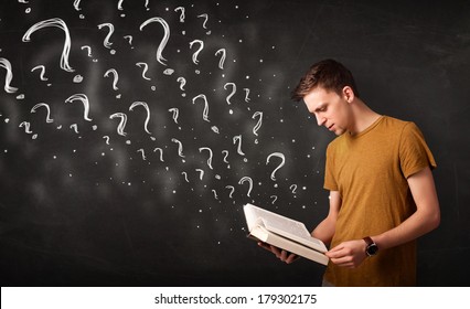 Confused Man Reading A Book With Question Marks Coming Out From It