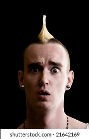 Confused Man With A Tall Yellow Mohawk