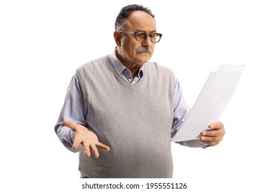 Confused Mature Man Holding A Paper Document Isolated On White Background