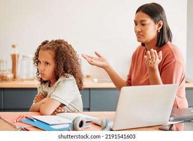 Confused Parent Teaching Upset Daughter, Home School Angry Or Sad Child Online Class Work. Mother Doesnt Understand Rude Little Girl With Depression, Anxiety Or Education Learning Disability.