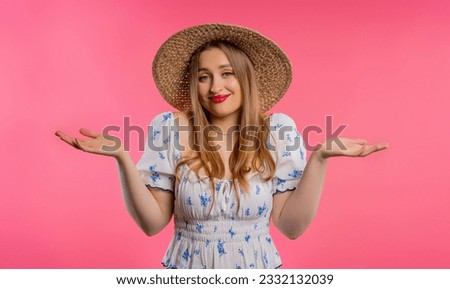 Confused pretty woman, shoulders up - can't help, makes gesture of I dont know. Difficult question, guilty reaction, puzzled stylish woman on pink background. High quality
