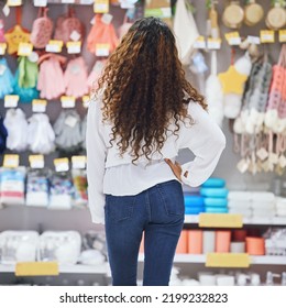 Confused, Thinking And Woman Shopping For Beauty Skincare Product, Looking At Discount Sale Items. Rear View Of A Female Customer Choosing Care And Hygiene Treatment, Unsure And Difficult Choice