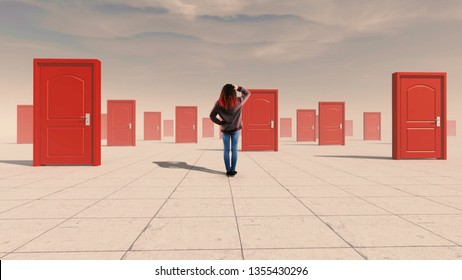 Confused Woman Standing In Front Of Multiple Doors . The Concept Of Hard Choices.