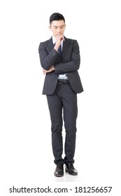 Confused Young Business Man Standing And Thinking, Full Length Portrait Isolated On White Background.