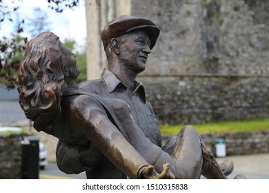 Cong, County Mayo, Ireland.  September 3, 2019.  The statue depicting the two main characters from the film "The Quiet Man".  