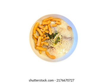 Congee With Fried Patongo. Isolated On White Background. Side View