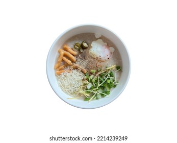 Congee With Pork Balls And Boiled Eggs,. Isolated On White Background. Top View