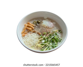 Congee With Pork Balls And Boiled Eggs, Isolated On White Background. Top View