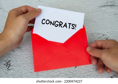 Congrats Text On White Notepad In Red Envelope. Appreciation Concept.